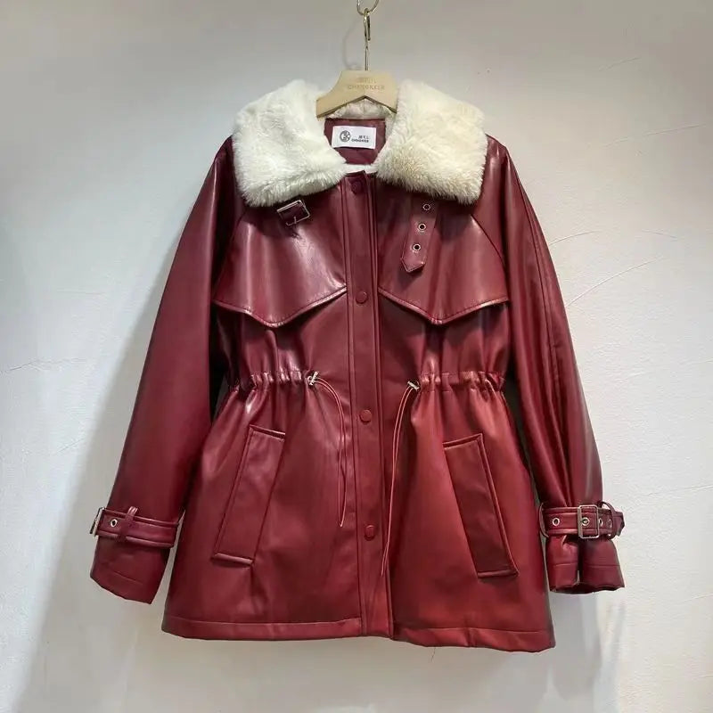 PU Leather Jacket Thickened and Warm Tied Polo Collar Commuter Coat