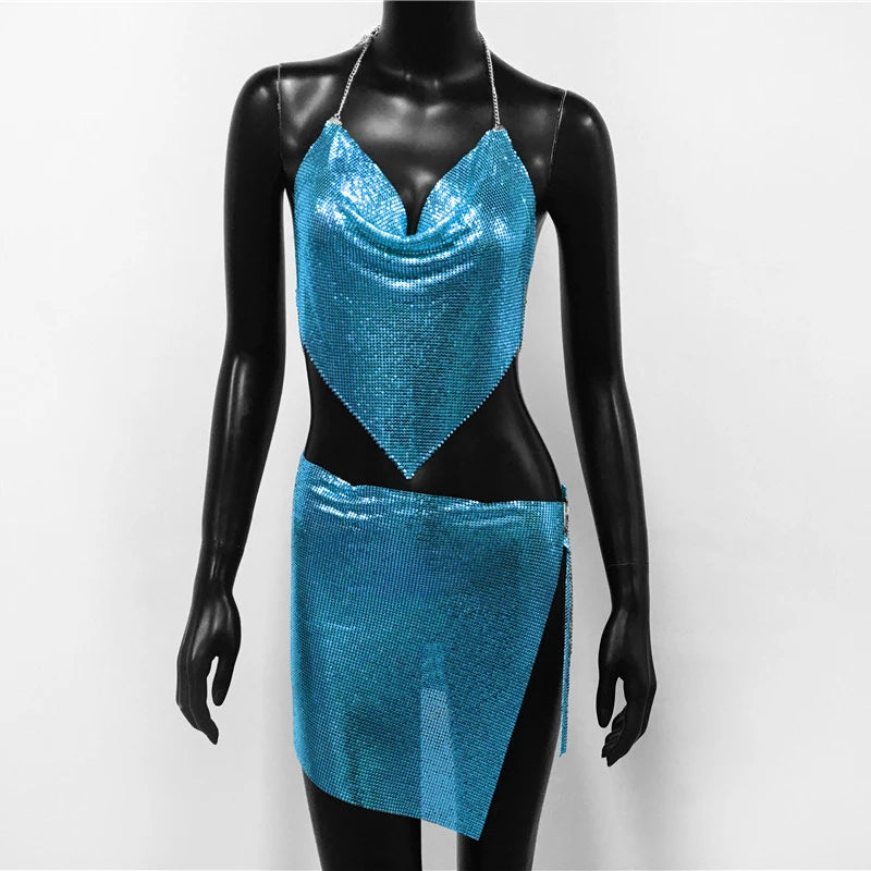 Metal Sequins 2 Piece Set Backless Halter Tank Tops Split Mini Skirts