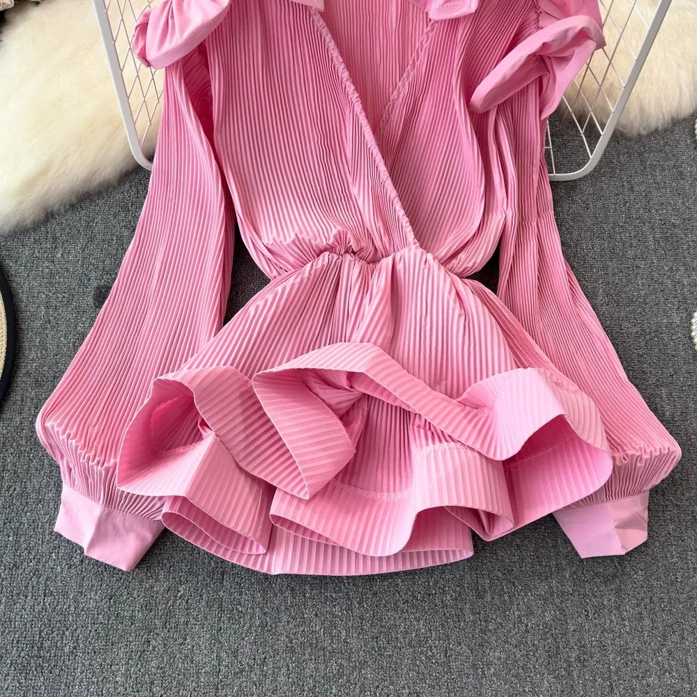 Long Sleeve Pleated V-Neck Flower Ruffles Blouse