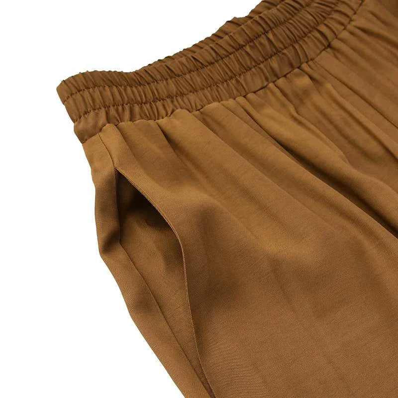 Silk Fold Retro Minimalist Mid Rise Elastic Drape Straight Leg Trousers
