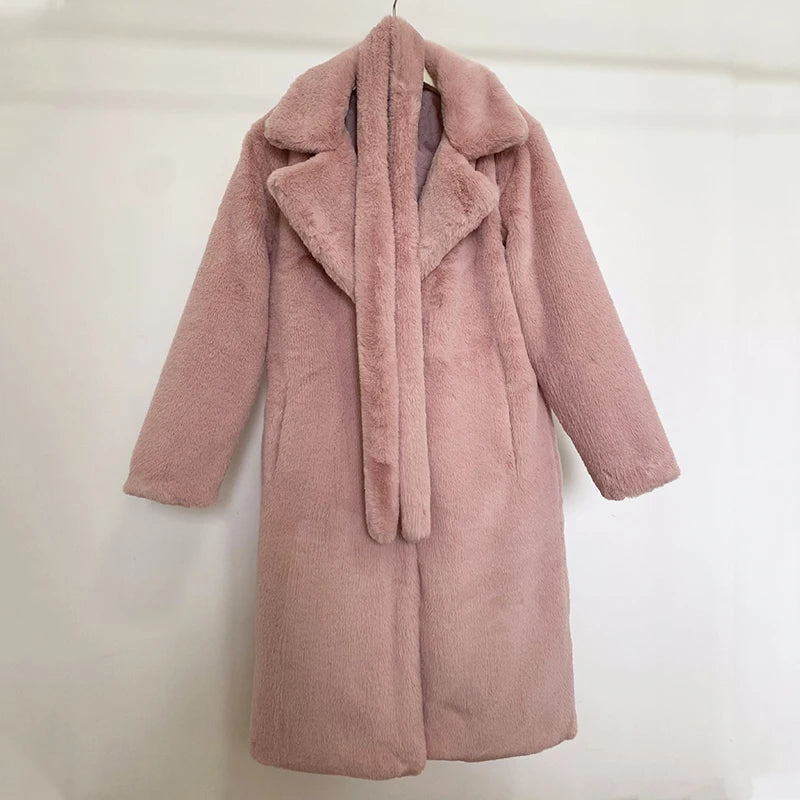 Oversized Lapel Belted Faux Rabbit Fur Coat