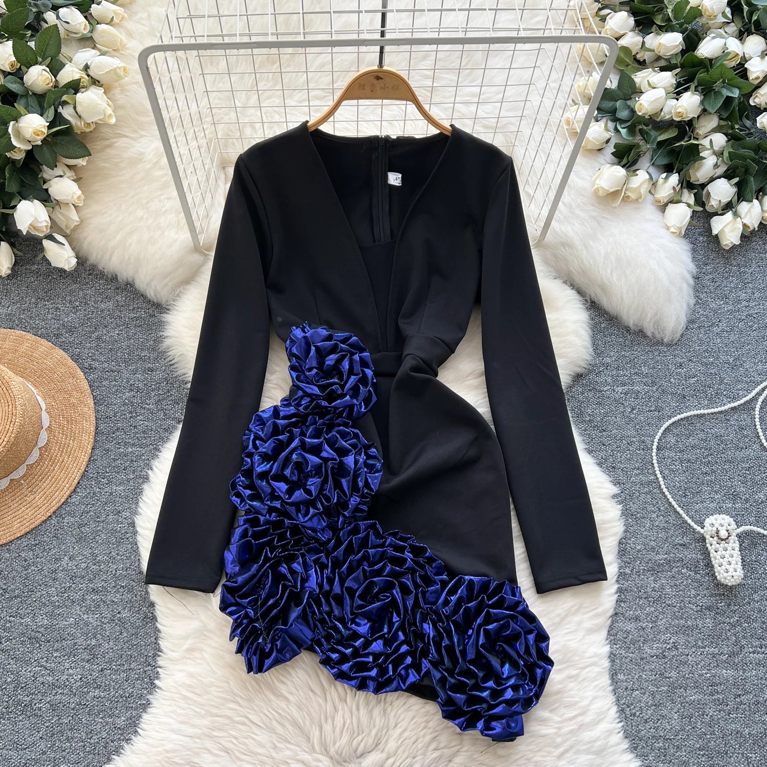 Elegant Three-dimensional floral asymmetrical long sleeve Dress