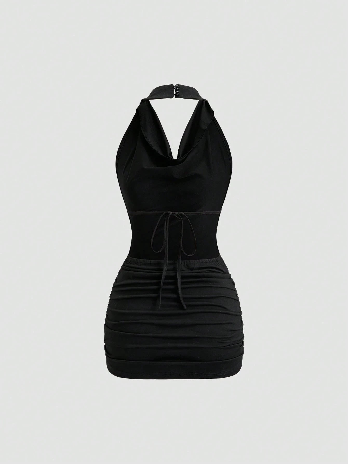 Backless Pleating V-Neck Back Tie Halter Slim Fit Mini Dress
