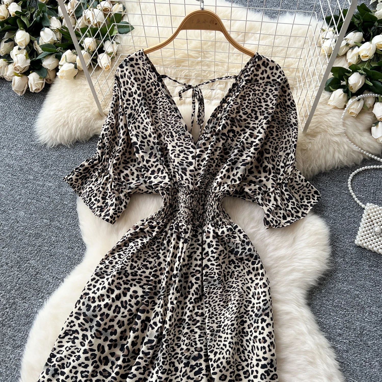 Flared Sleeves Elastic Waist Slim Fit Leopard Print Long Rompers Jumpsuit