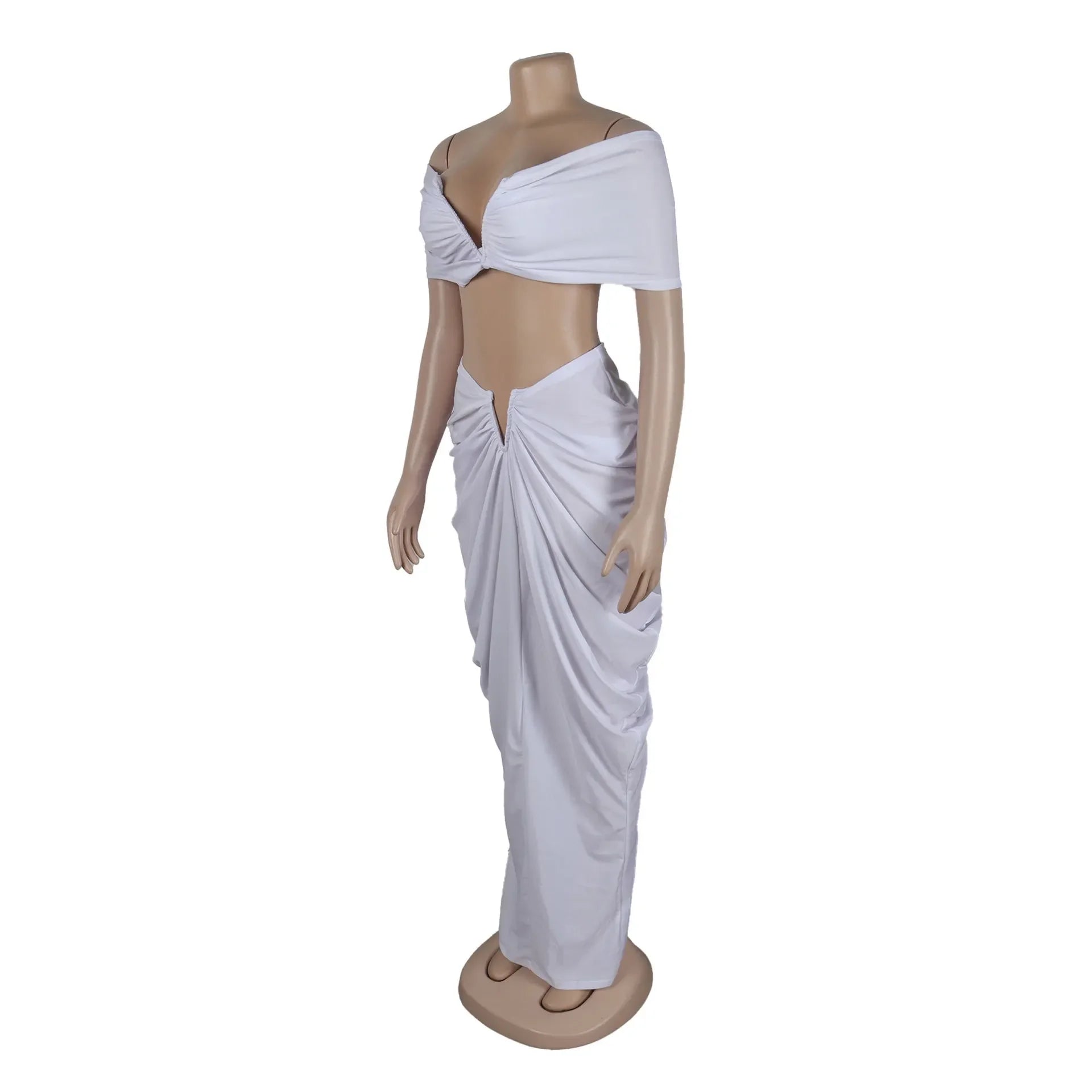 Stacked Ruched Off Shoulder Crop Top and Low Waist Maxi Long Skirts Two Piece Sets