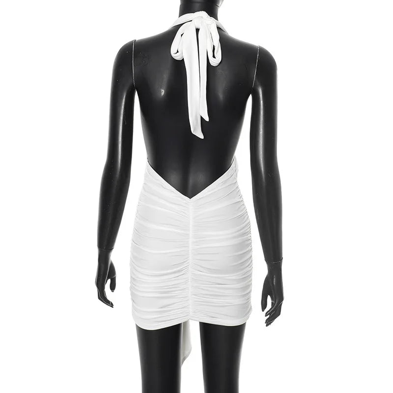 Sleeveless Halter Pleated Ribbon Deep V Backless Dress