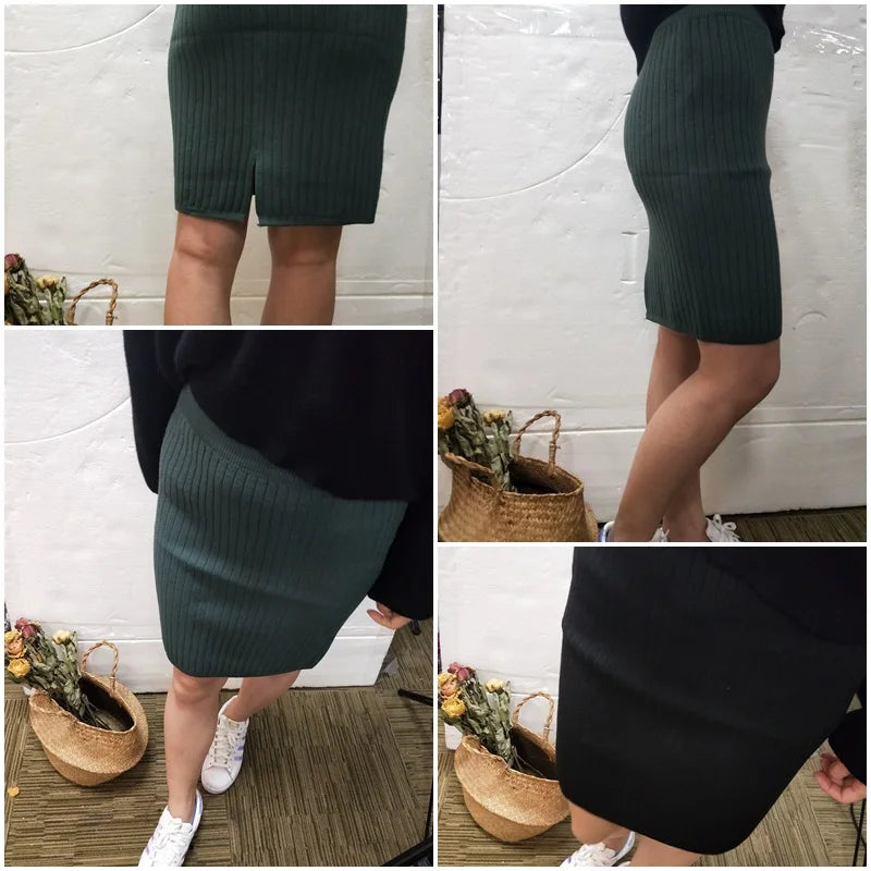 Stylish Knitted Slim Elastic High Waist Split Wrap Skirt Autumn Winter Skirts