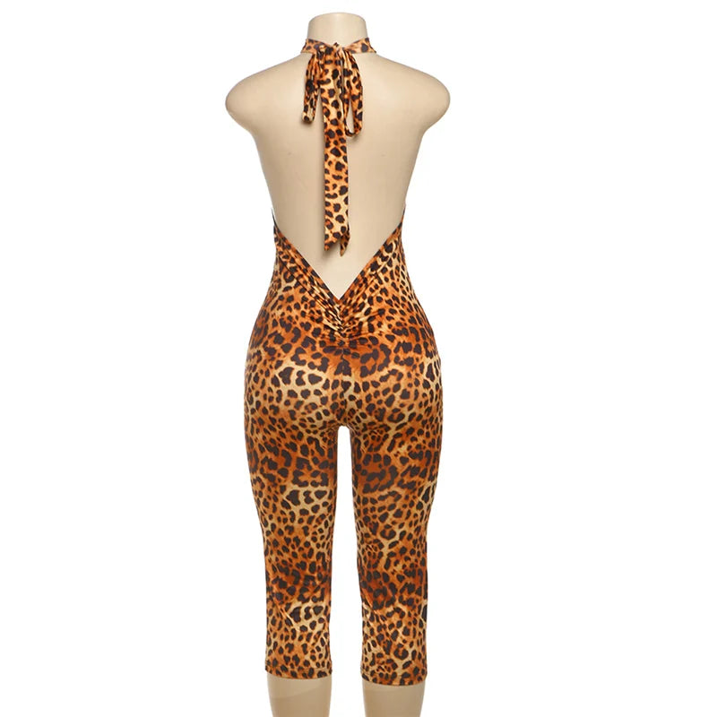 Leopard Print Halter Neck Backless Romper Bandage Jumpsuit
