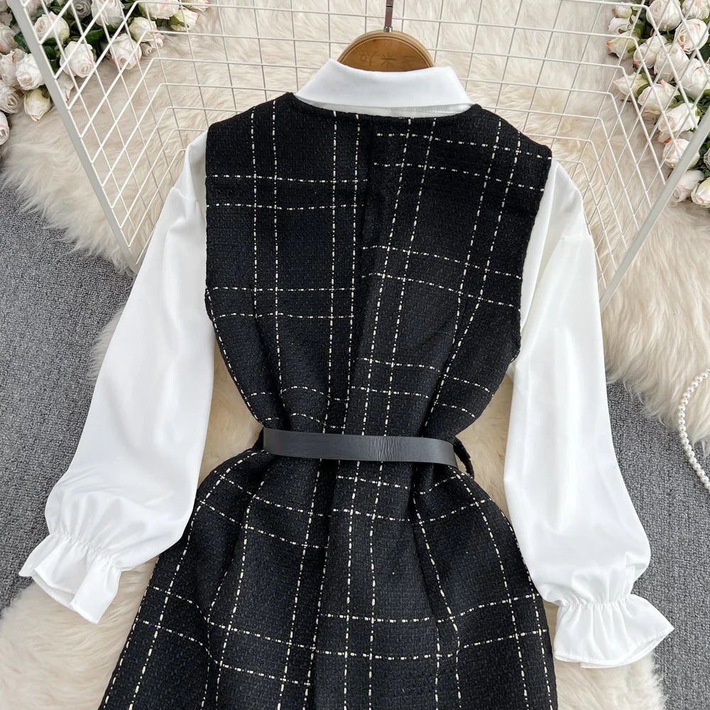 Temperament Lapel White Shirt+V-neck Single Breasted Tweed Vest  Two-piece Set Dress