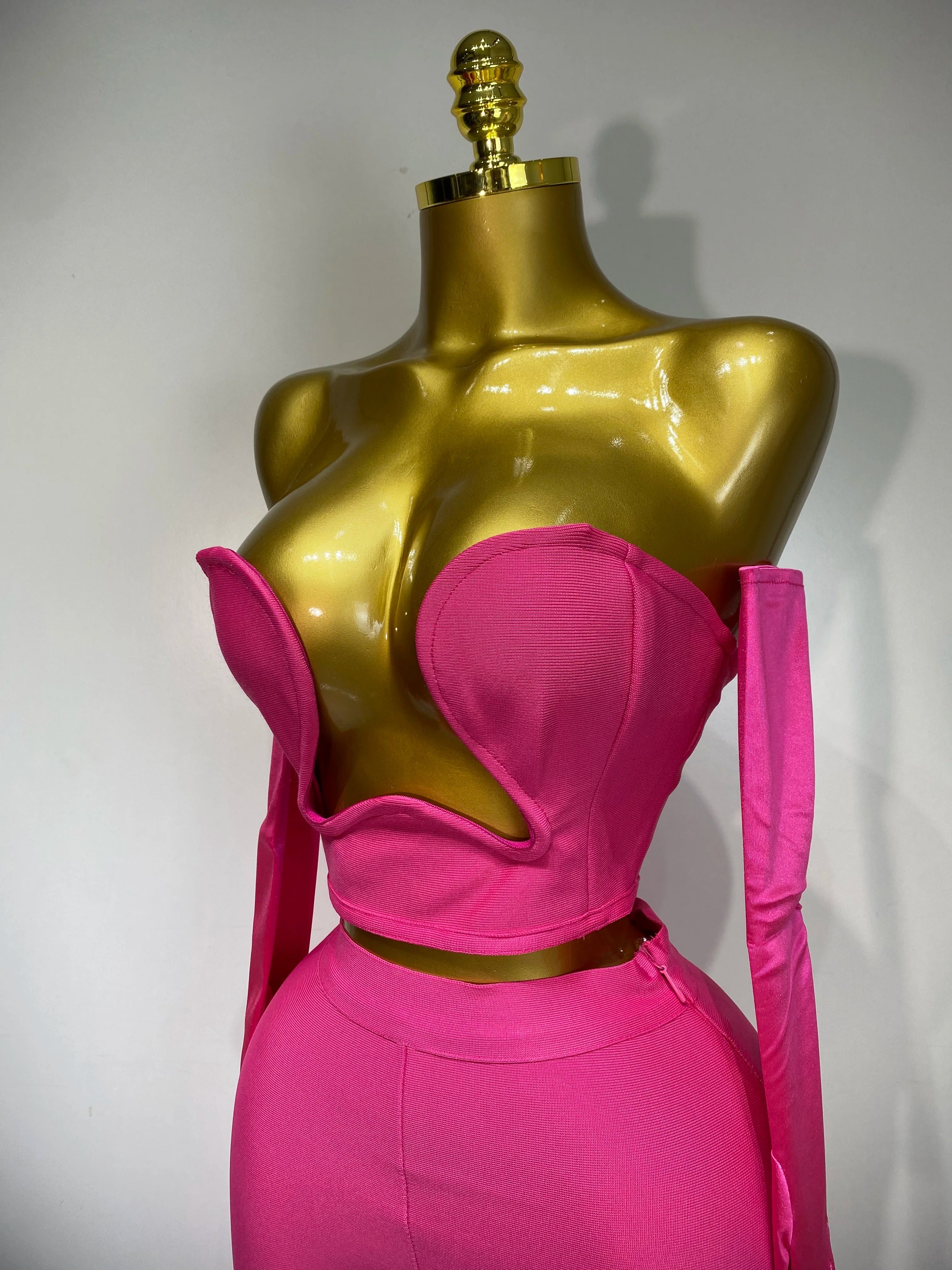 Strapless Backless Hot Pink Glove Pants Bandage Three Piece Suit Birthday Outfit