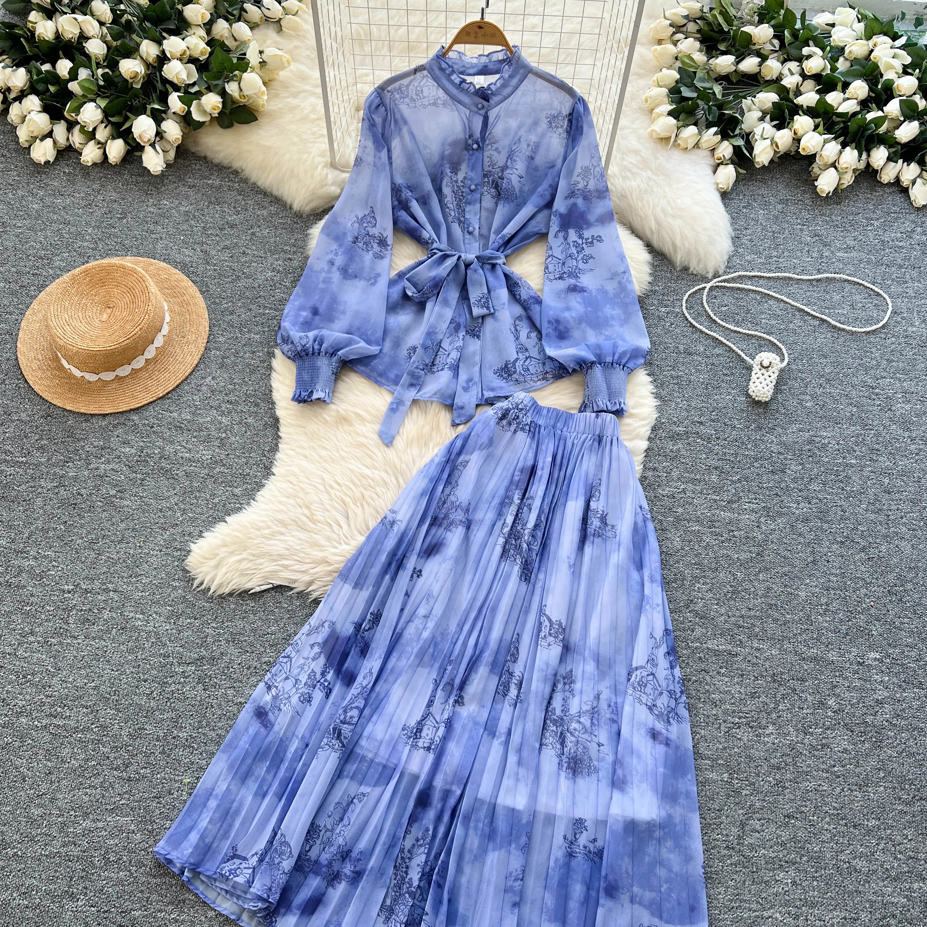 Lantern Sleeves Lace Up Loose Tops+Pleated Skirt Floral Chiffon Sets