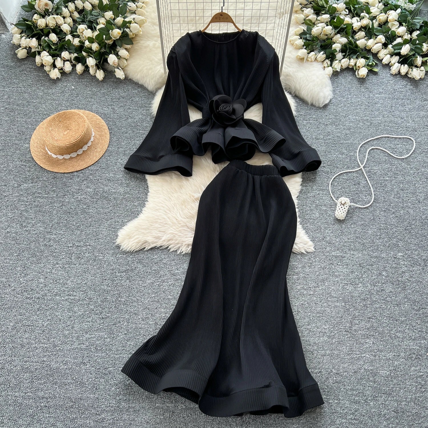 3D Flower 2pc Set Flare Sleeve Tops+Bodycon Mermaid Skirt