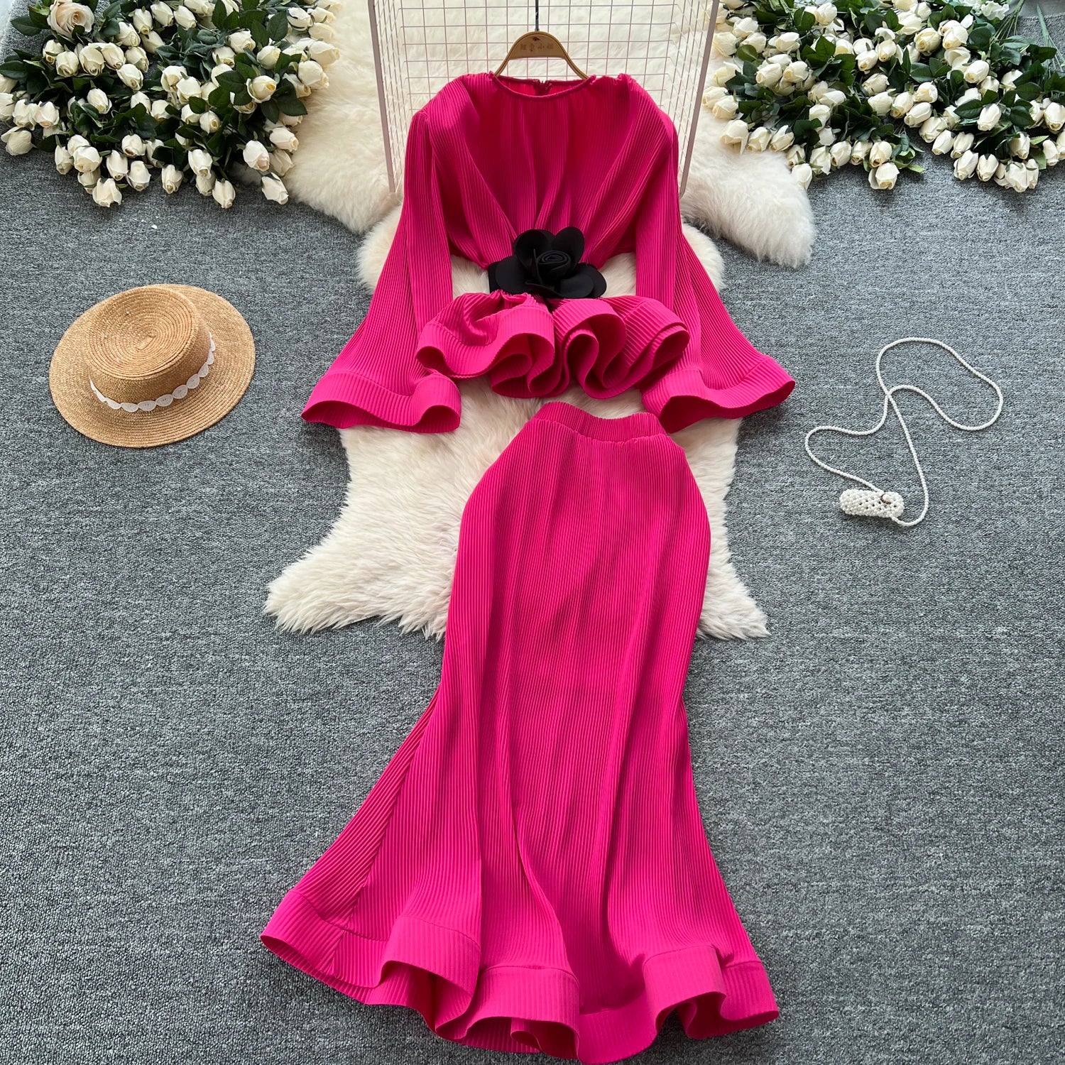 3D Flower 2pc Set Flare Sleeve Tops+Bodycon Mermaid Skirt