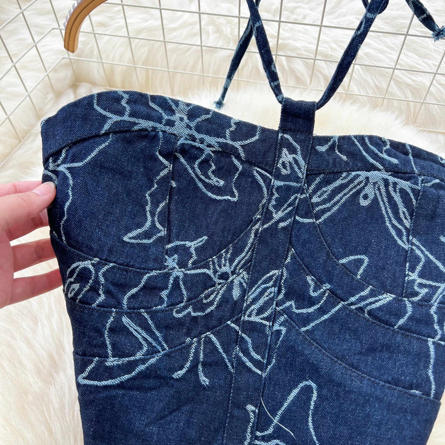 Butterfly Print Denim Two Pieces Sets Halter Strapless Slim Camis+Wide Legs Long Pant Suits