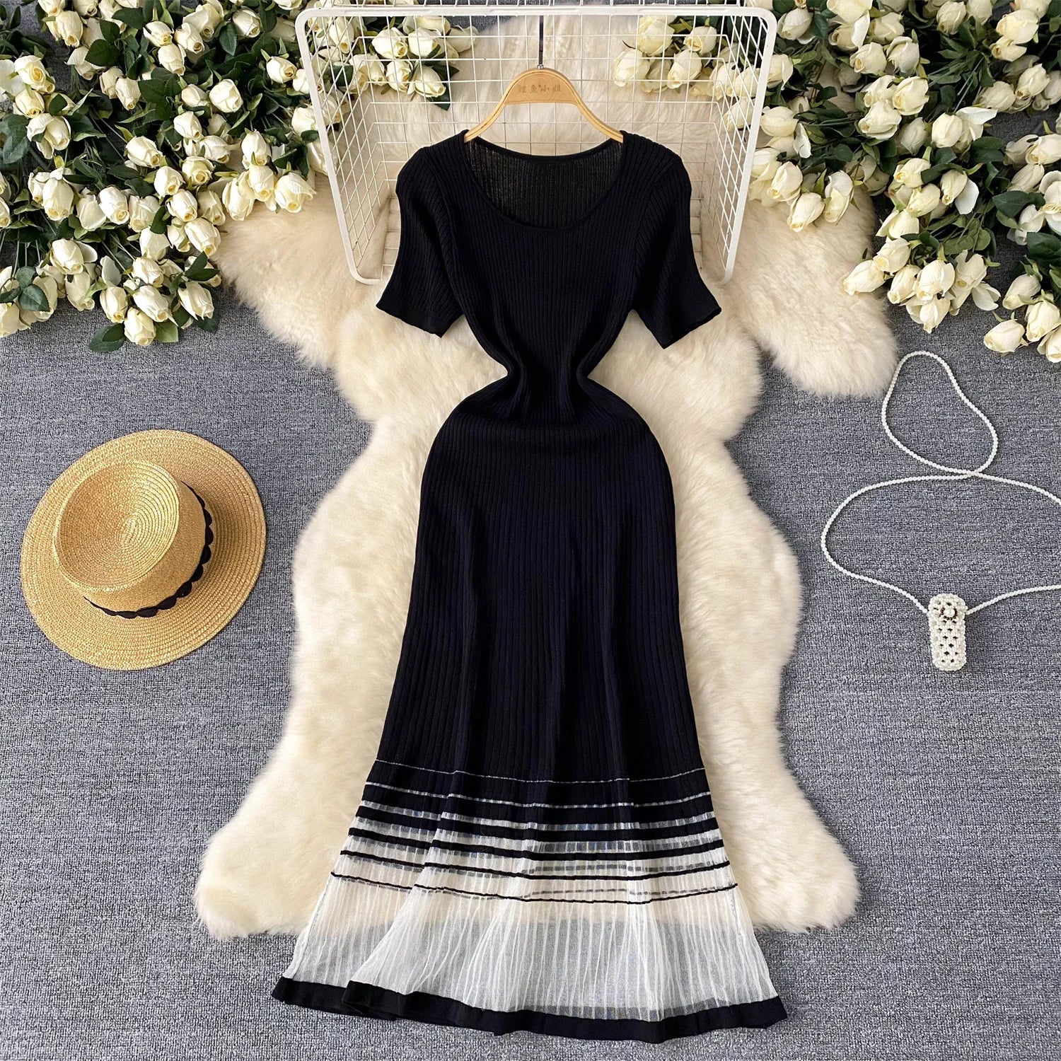 Elegant Stripe Knit Short Sleeves Mesh Patchwork Long Dress