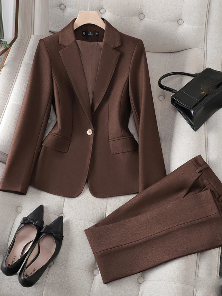 Two Piece Sets Turn Down Collar Single Button Blazer Office Ladies Casual Solid Pant Suits