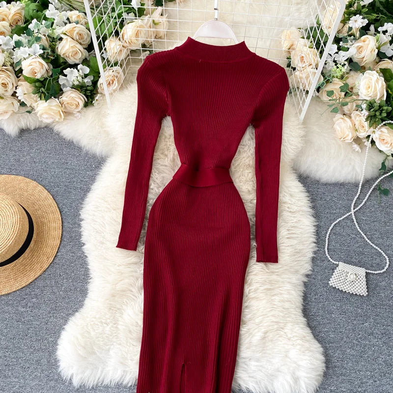 Elegant Casual Knit Belt O Neck Button Long Sleeve Solid Elastic Waist Slim Winter Sweater Dresses