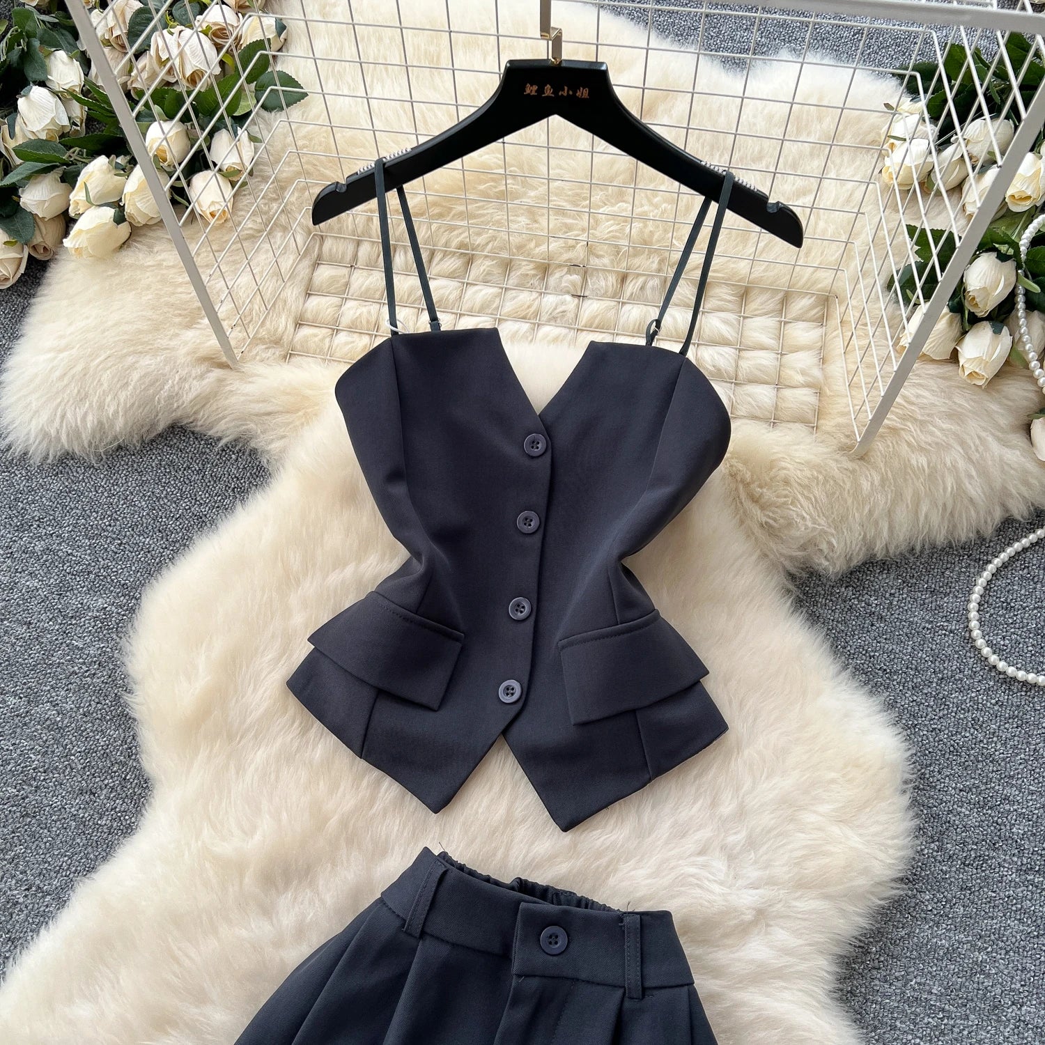 Office Lady Suits Camisole+Wide Leg Zipper Pants Chic Two Piece Set