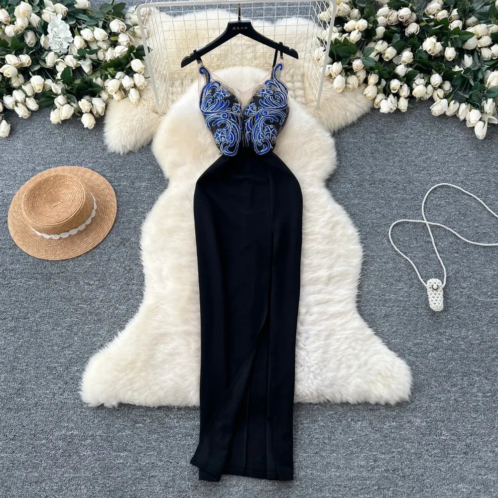 Elegant V-neck Vintage Embroidered Spliced French Dress