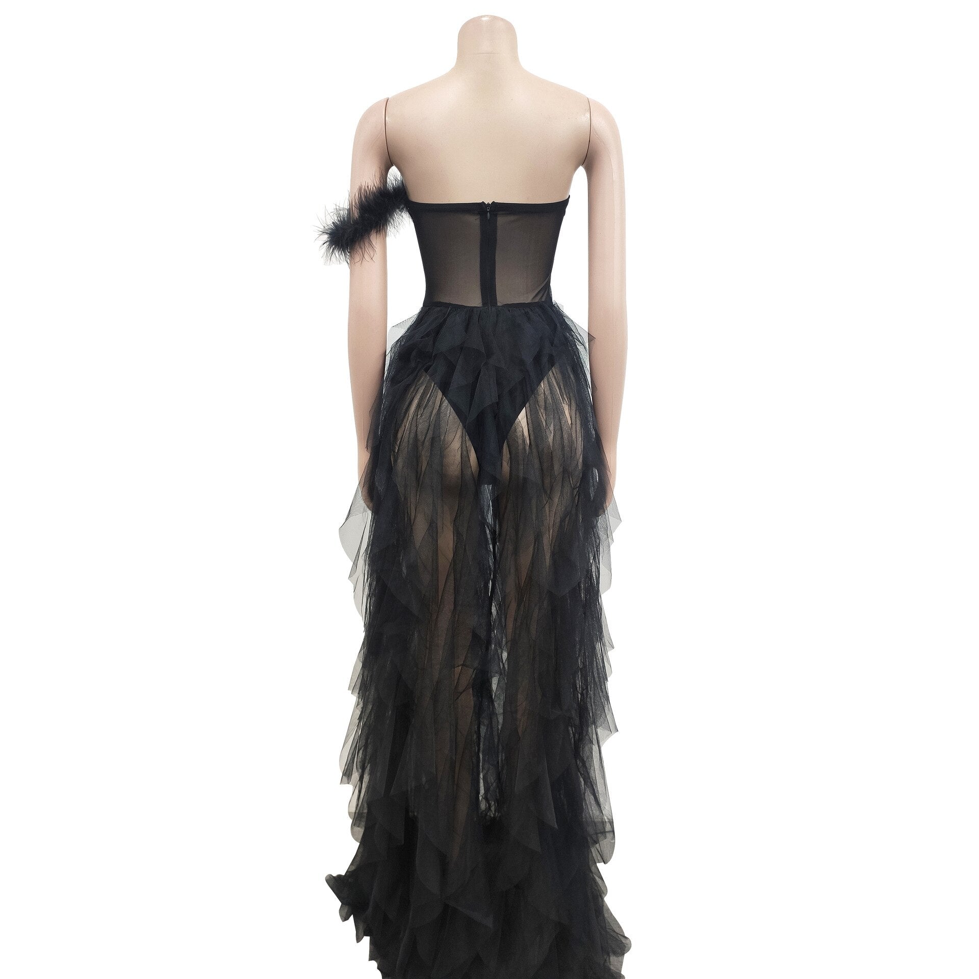 Ruffles Sheer Mesh Strapless See Through Corset Long Dress