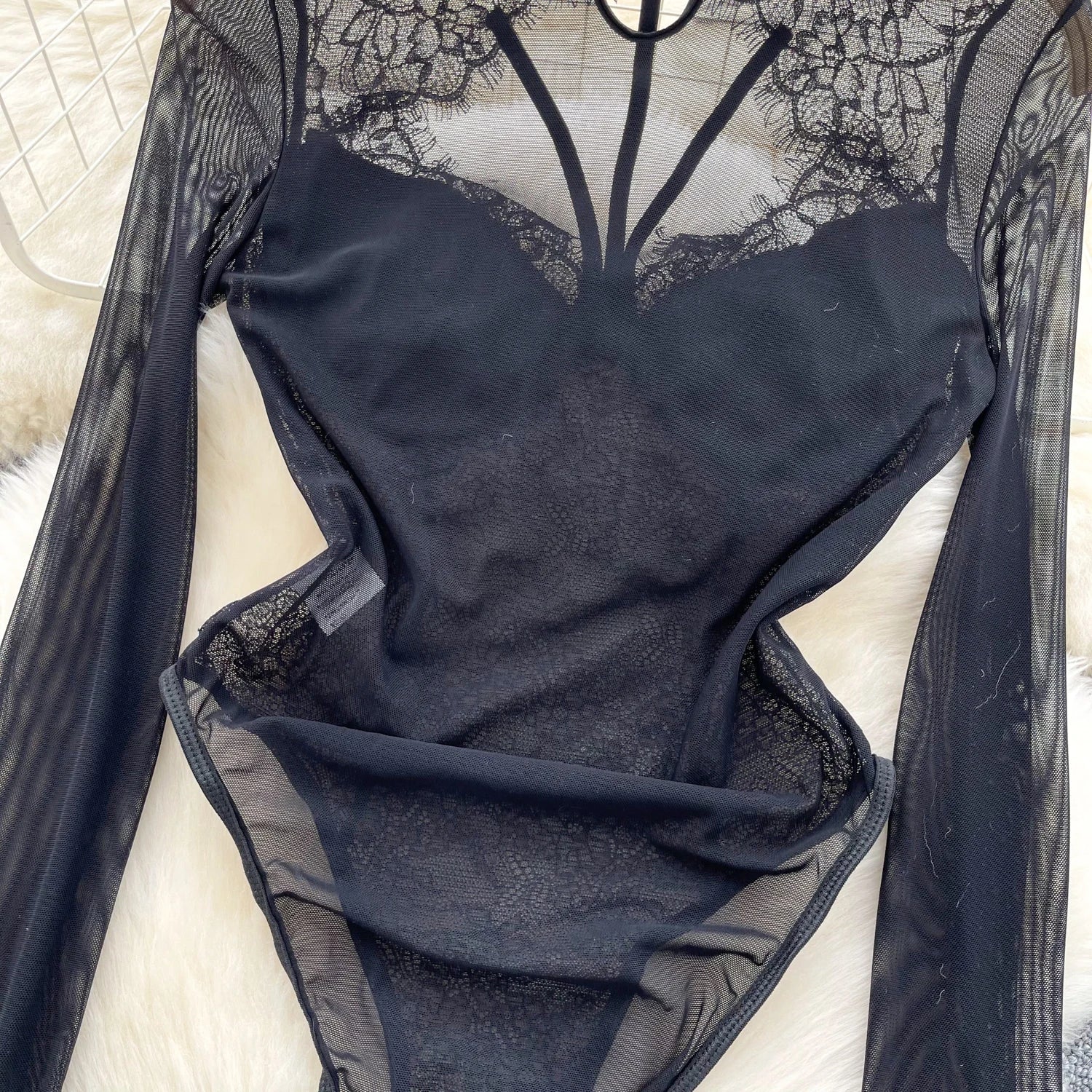 Hollow Out Mesh O Neck Long Sleeves Slim Fit Sheath Bodysuit