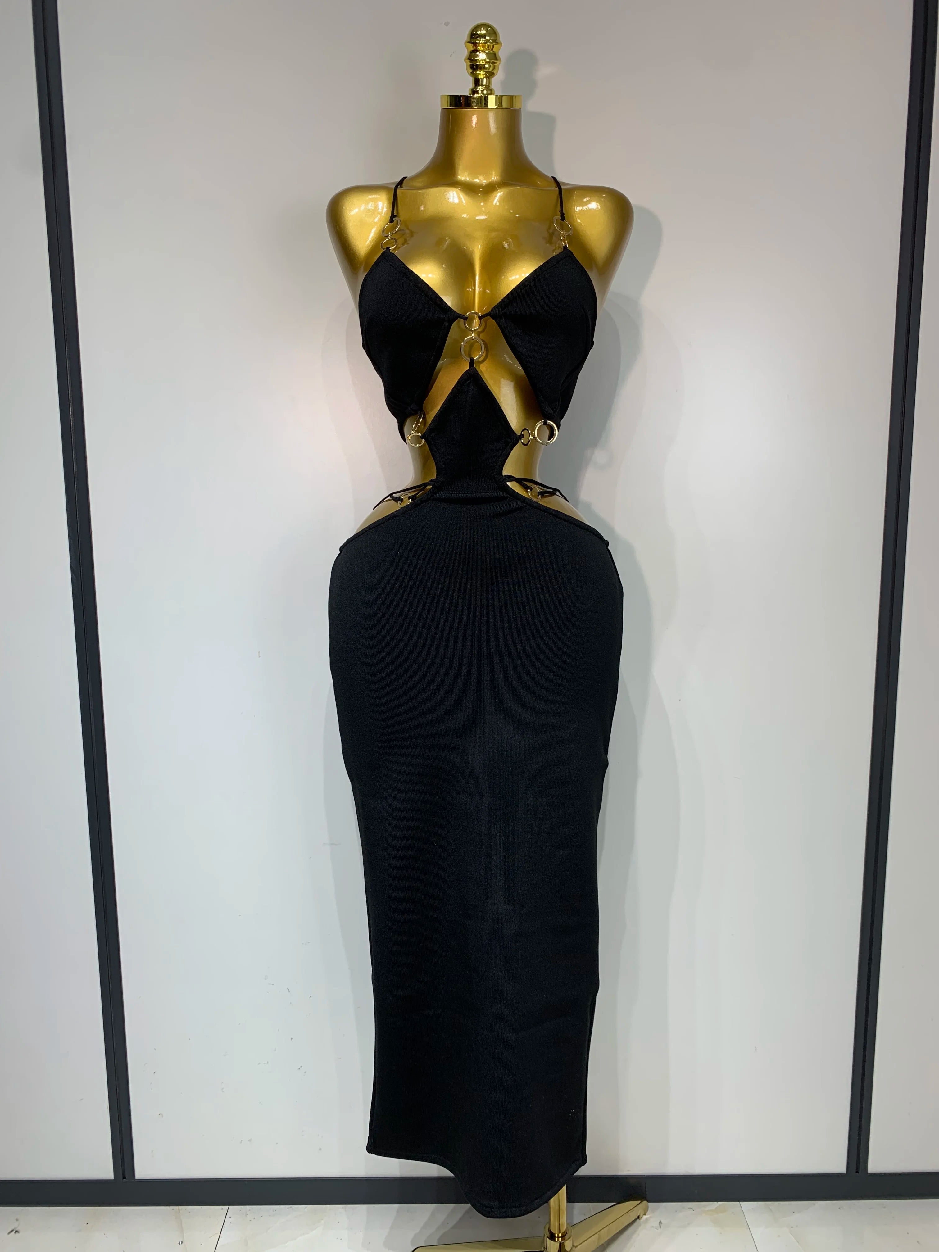 Sleeveless Halter Hollow Out Bodycon Long Bandage Dress