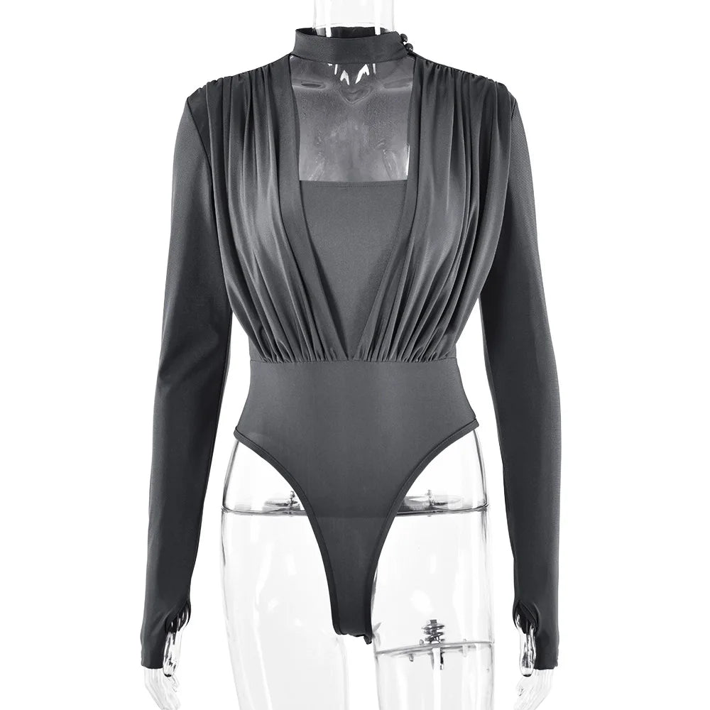 Irregular Pleated Crew Neck Full Sleeve High-waist Cutout Bodysuit