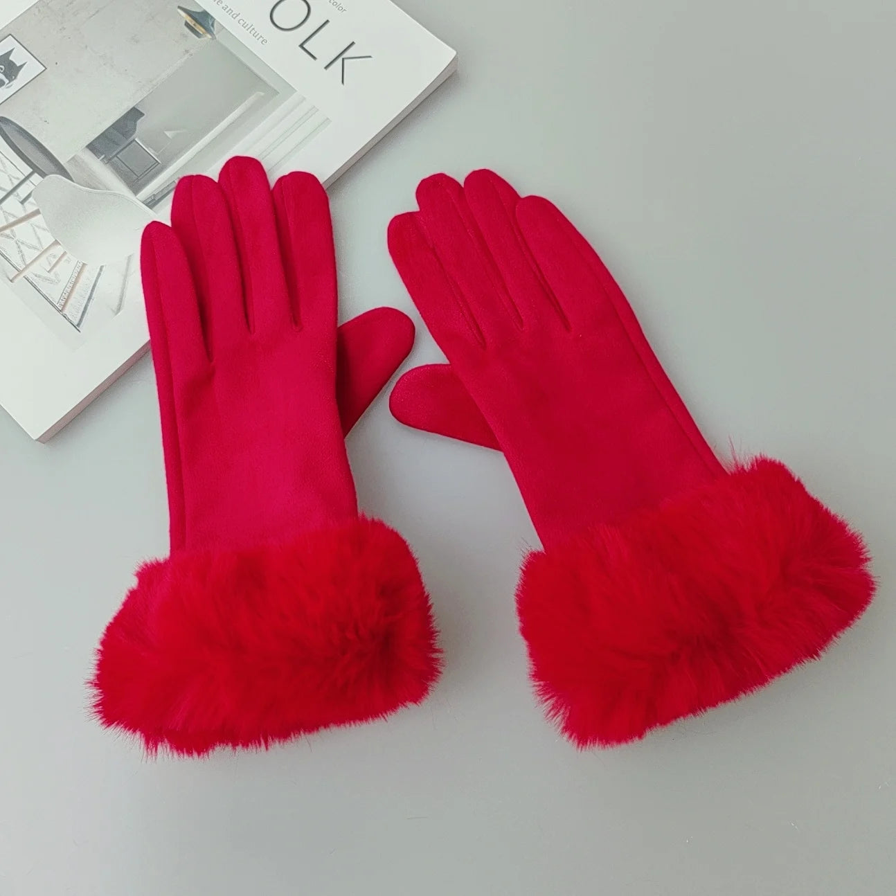 Faux Fur Suede Leather Touch Gloves