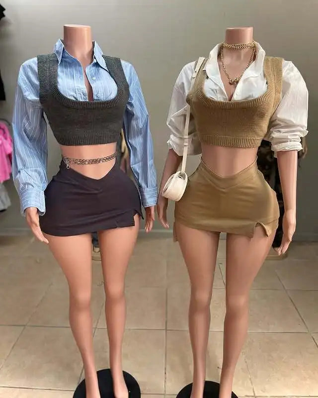 Two Piece Set Mini Skirts Set +Full Sleeve Knit Vest Shirts Outfits