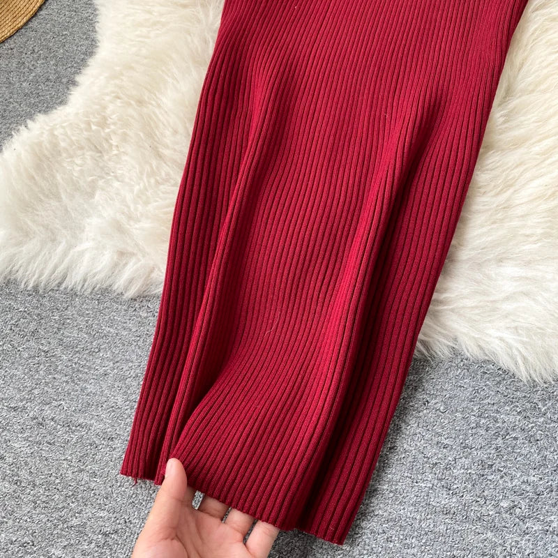 Elegant Casual Knit Belt O Neck Button Long Sleeve Solid Elastic Waist Slim Winter Sweater Dresses