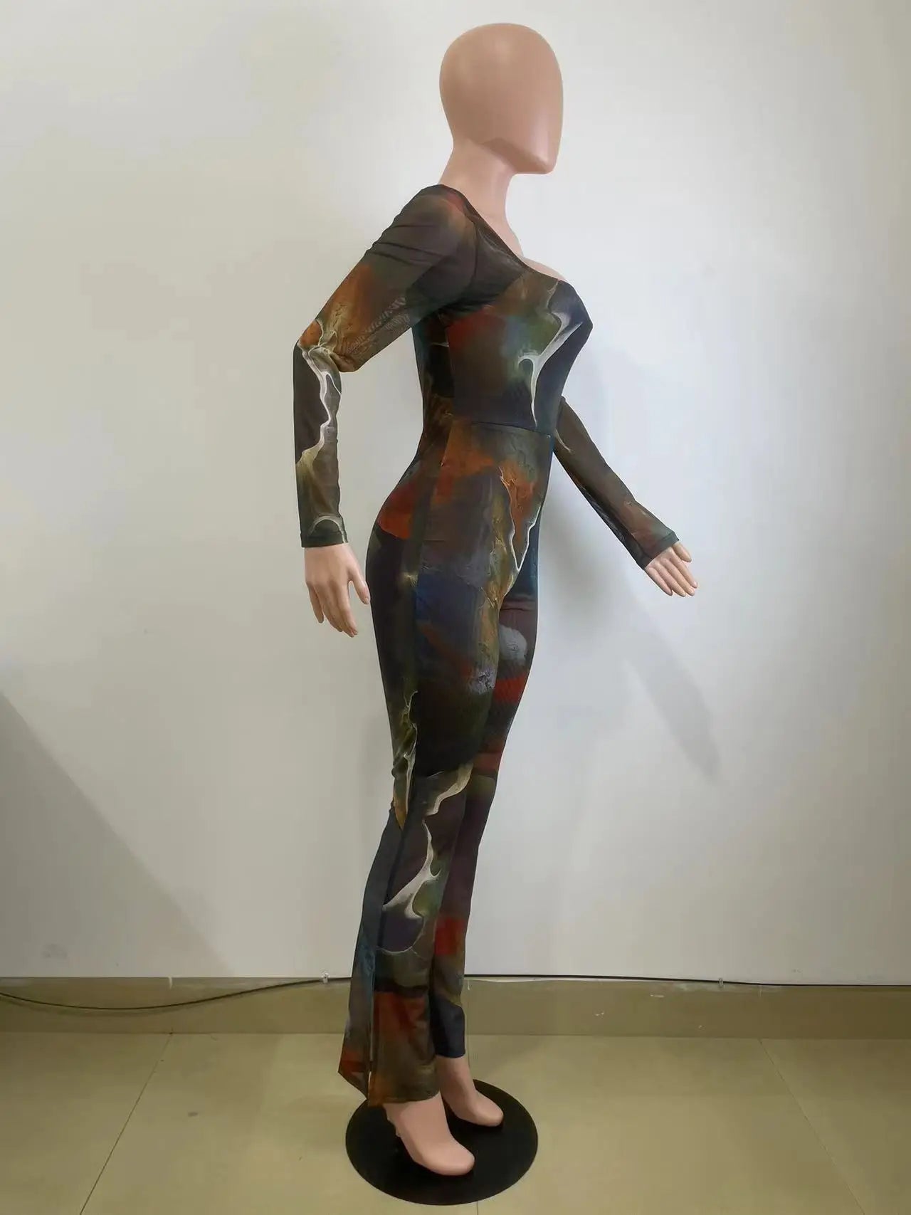 Tie Dye Print Mesh Long Sleeve Bodycon Overalls Jum[psuit