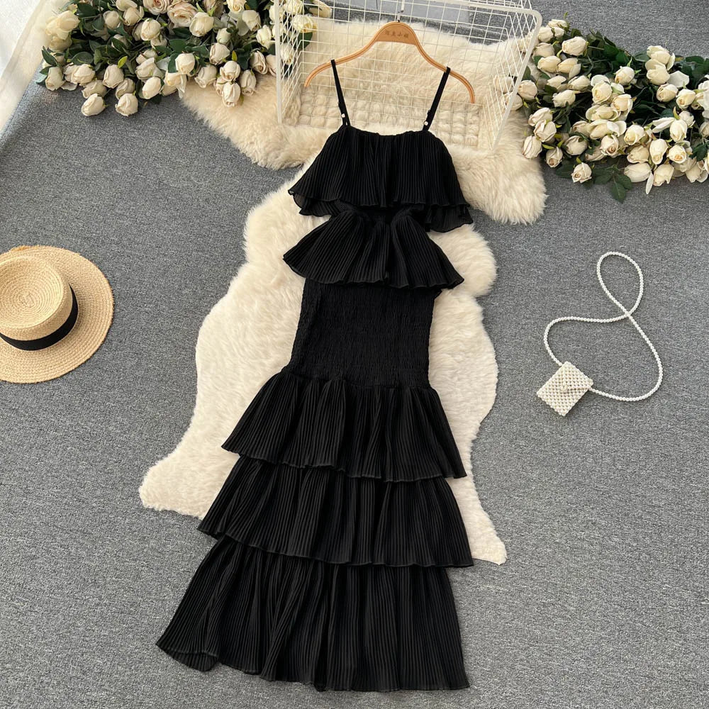 Ruffles Pleated Strapless Sleeveless Slim Dress