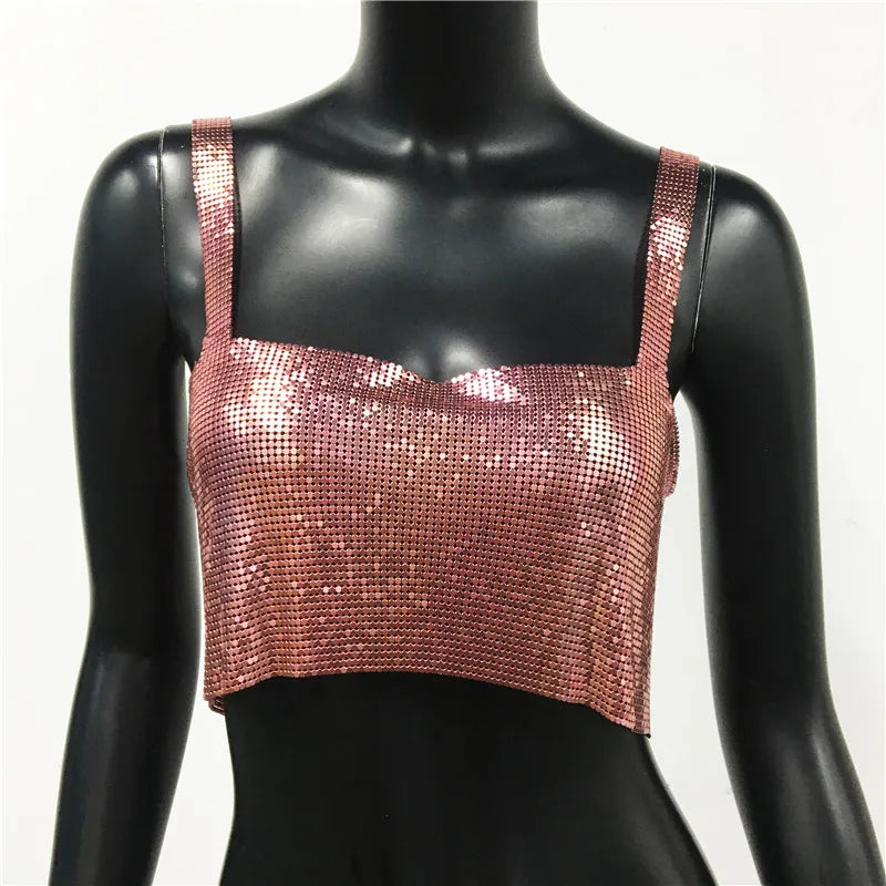 Bling Metallic Sequin Crop Top y2k Backless Straps Cropped Top
