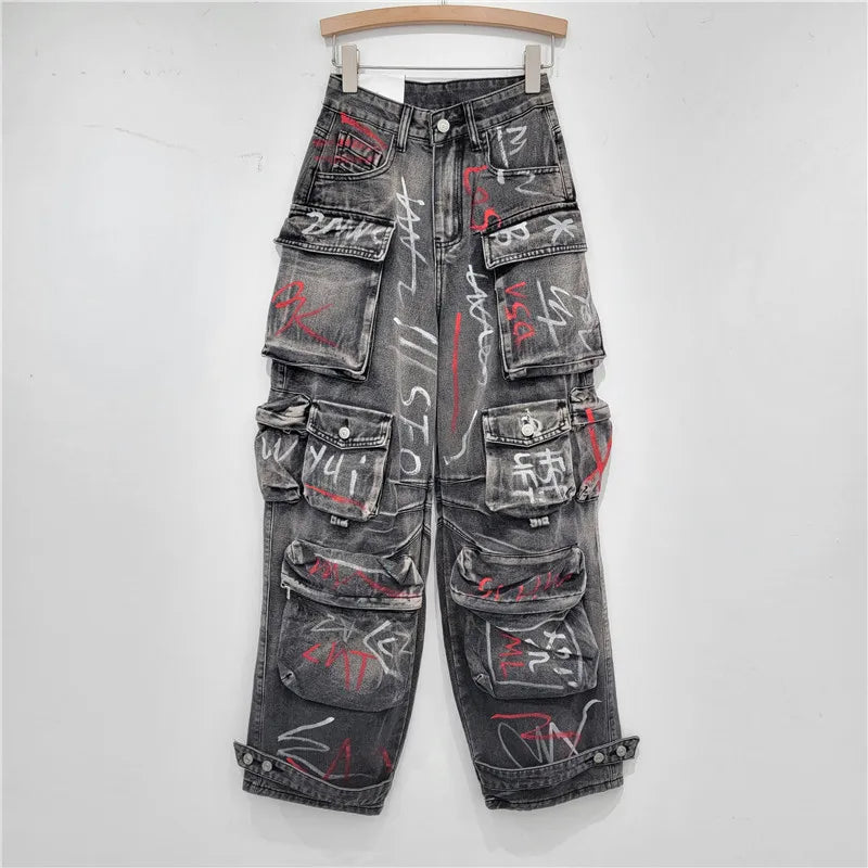 high waist Multiple pockets Graffiti Grey straight wide leg cargo denim