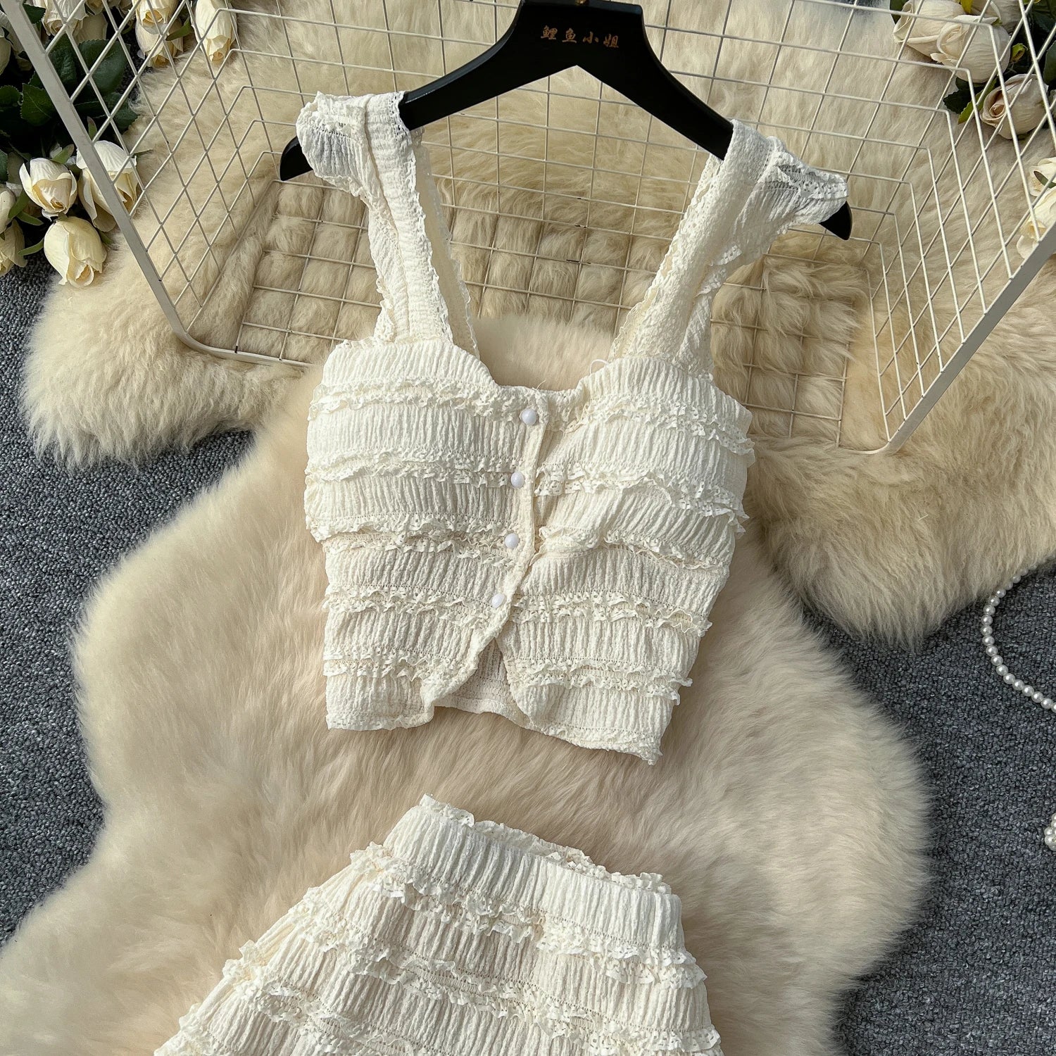 Casual Single Breasted Mini Camisole+Elastic Waist A Line Fold Slim Skirt Two Piece Sets