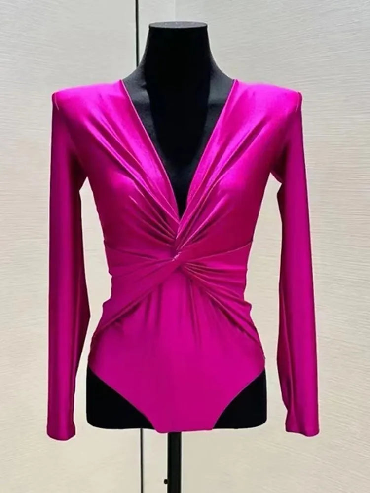 Solid Folds Twist V Neck Long Sleeve High Waist Slim Blouse