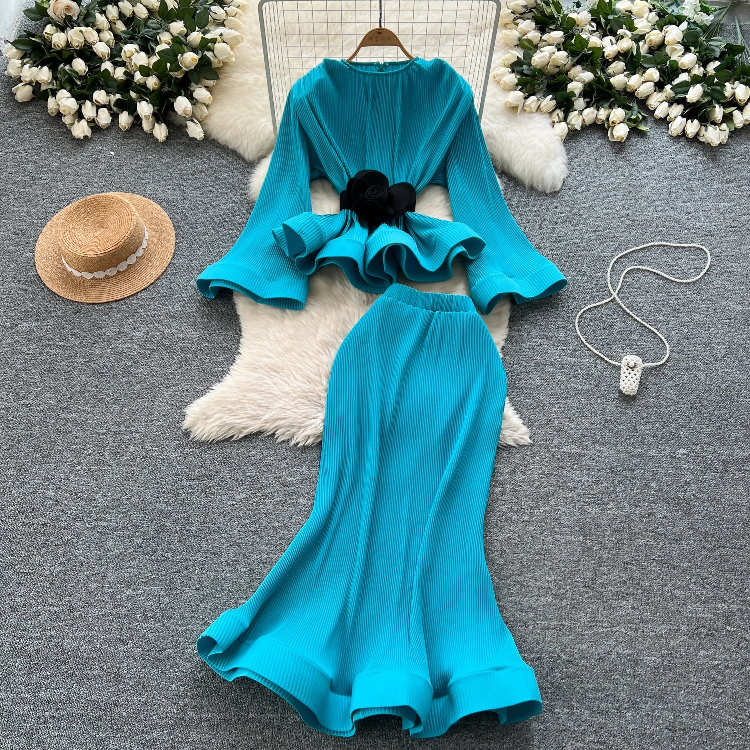 3D Flower 2pc Set Flare Sleeve Tops+Bodycon Mermaid Skirt