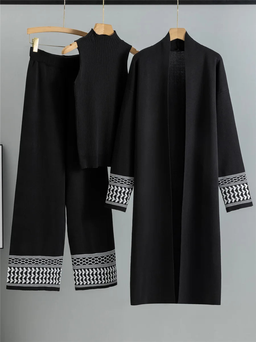 Elegant Knitted 3 Piece Sets Knit Vest Sweater Long Cardigan Tops Conjuntos High Waist Wide Leg Pants Outfit