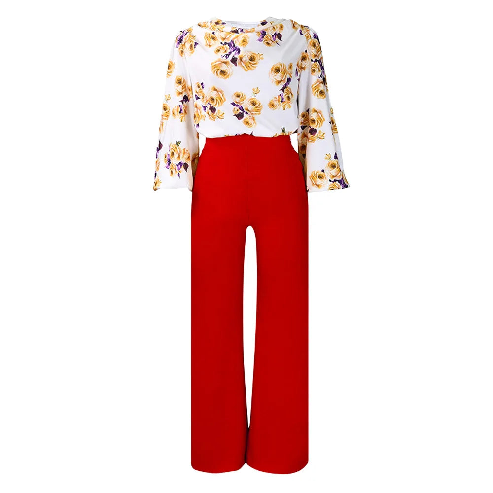 Two Piece Sets Slim Fit Print Floral Round Neck Lantern Sleeve Elegant Splice Wide Leg Long Pants