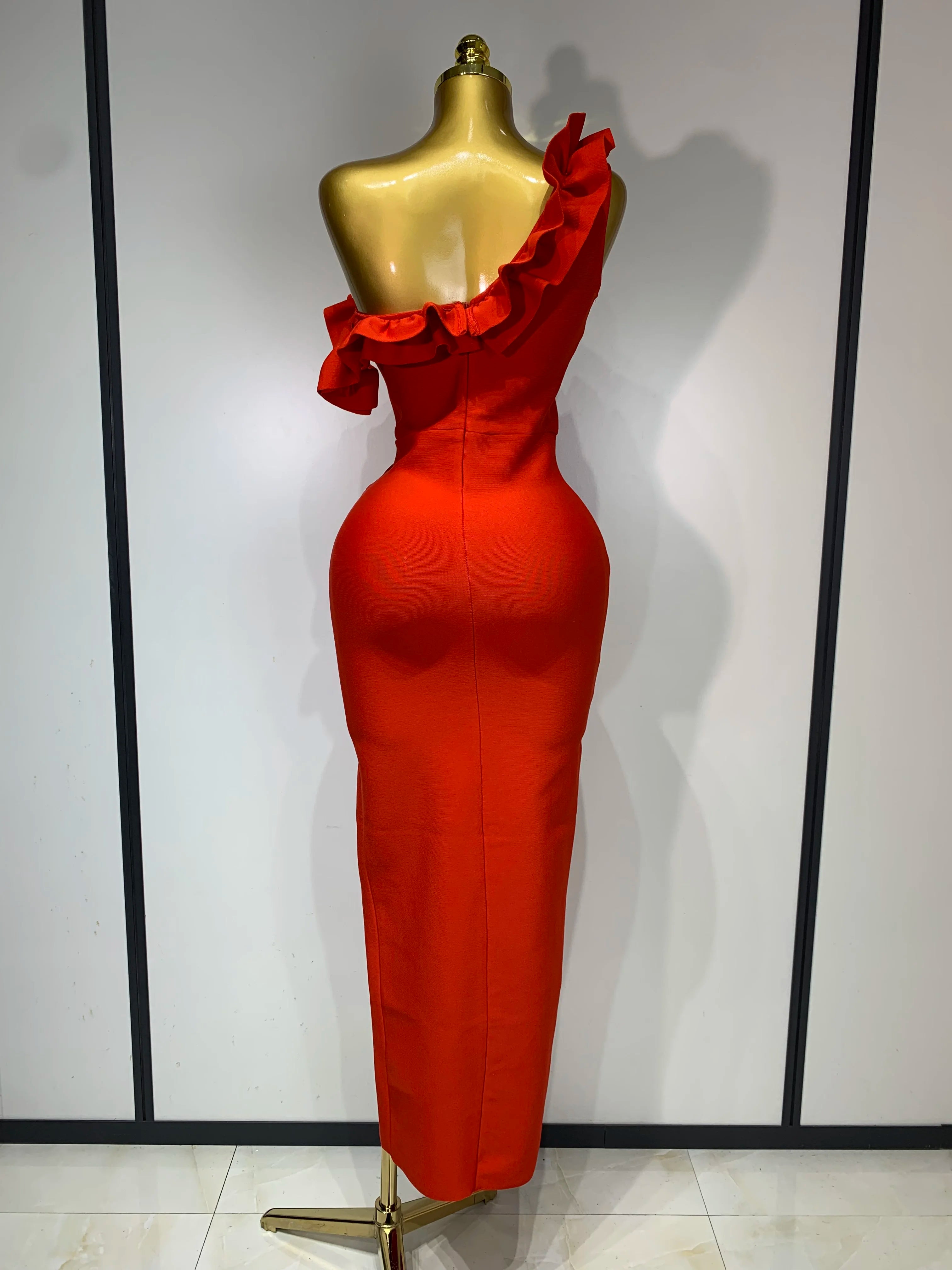 Off Shoulder Ruffles Midi Bodycon Bandage Dres