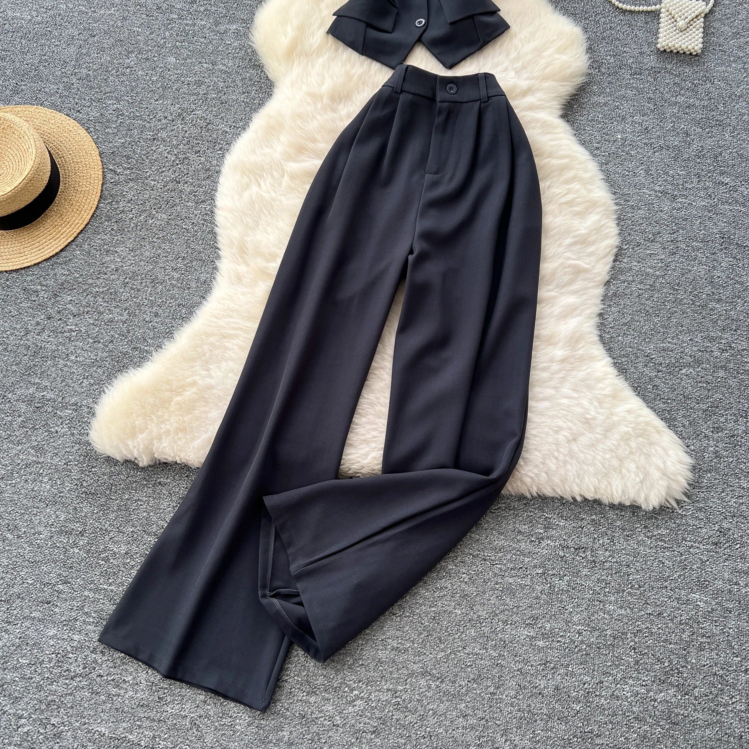 Office Lady Suits Camisole+Wide Leg Zipper Pants Chic Two Piece Set