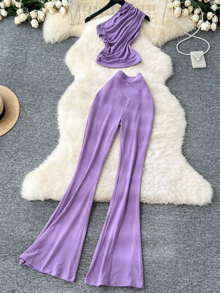 Two Pieces Sets Elegant Chic Skew Collar Pleated Tops + High Waist Flare Casual Pants  Outfits