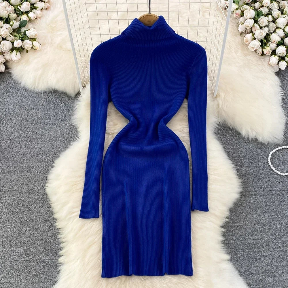 Elegant Turtleneck Long Sleeve Knit Bodycon Pencil Sweater Dress Autumn Winter Clothing