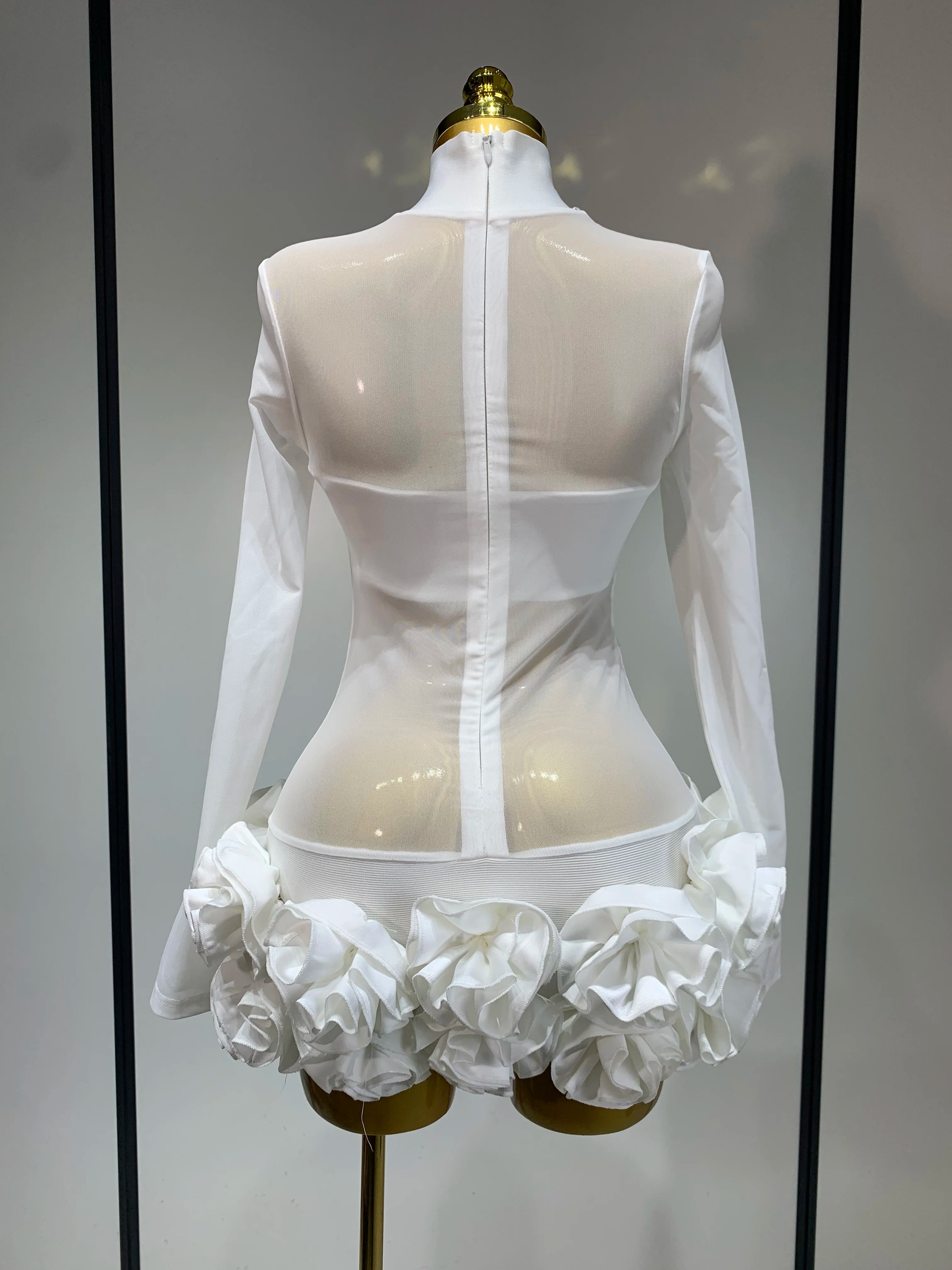 See through Mesh Stereoscopic Flowers Mini Bandage Dress