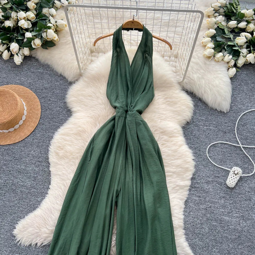 Backless Halter Lace Up Draped Chic Jumpsuit