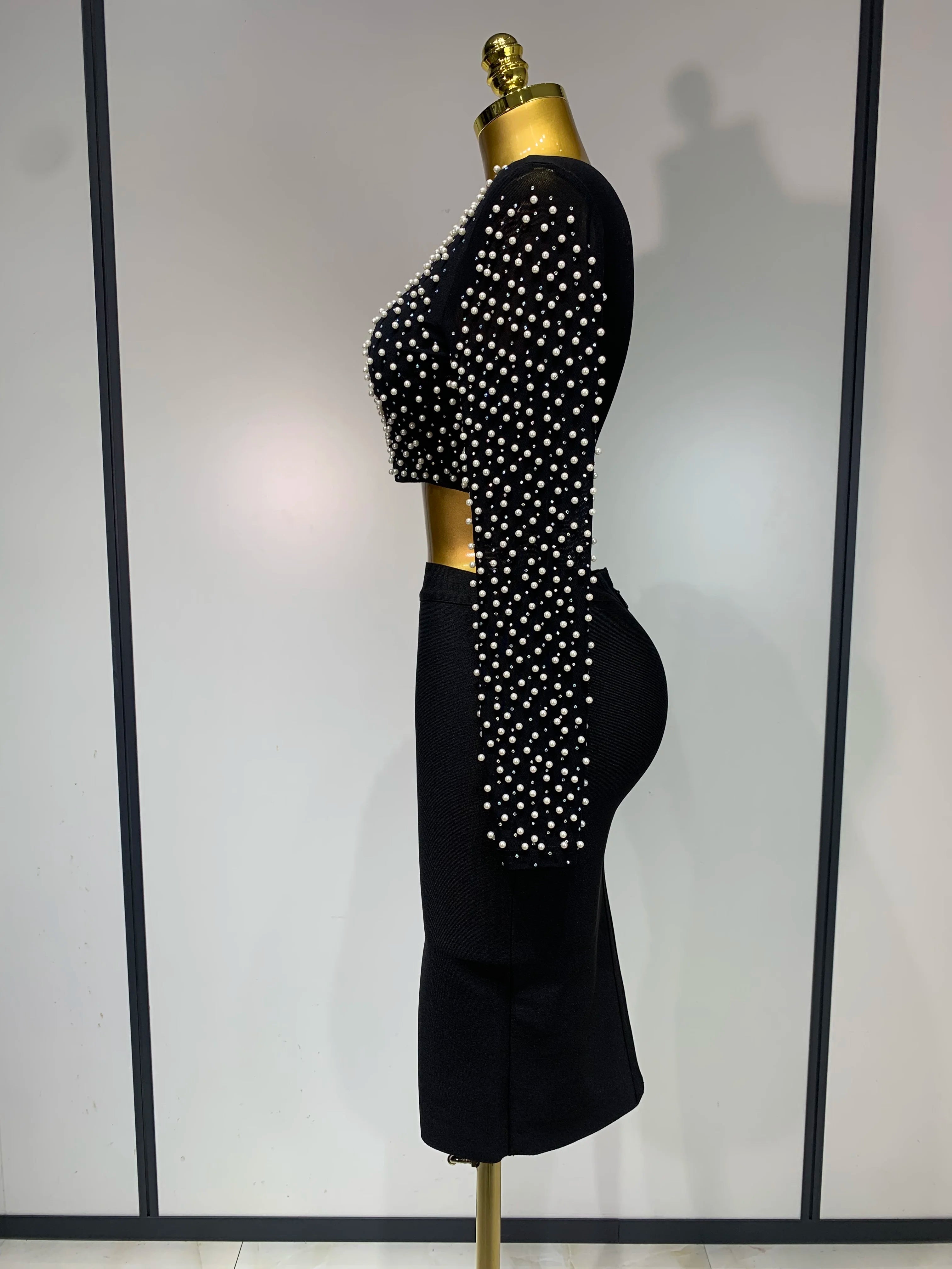 Long Sleeve Mesh Pearl Top  Midi Skirt Bandage Two Set