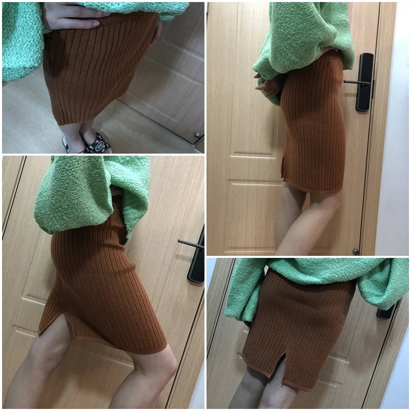 Stylish Knitted Slim Elastic High Waist Split Wrap Skirt Autumn Winter Skirts