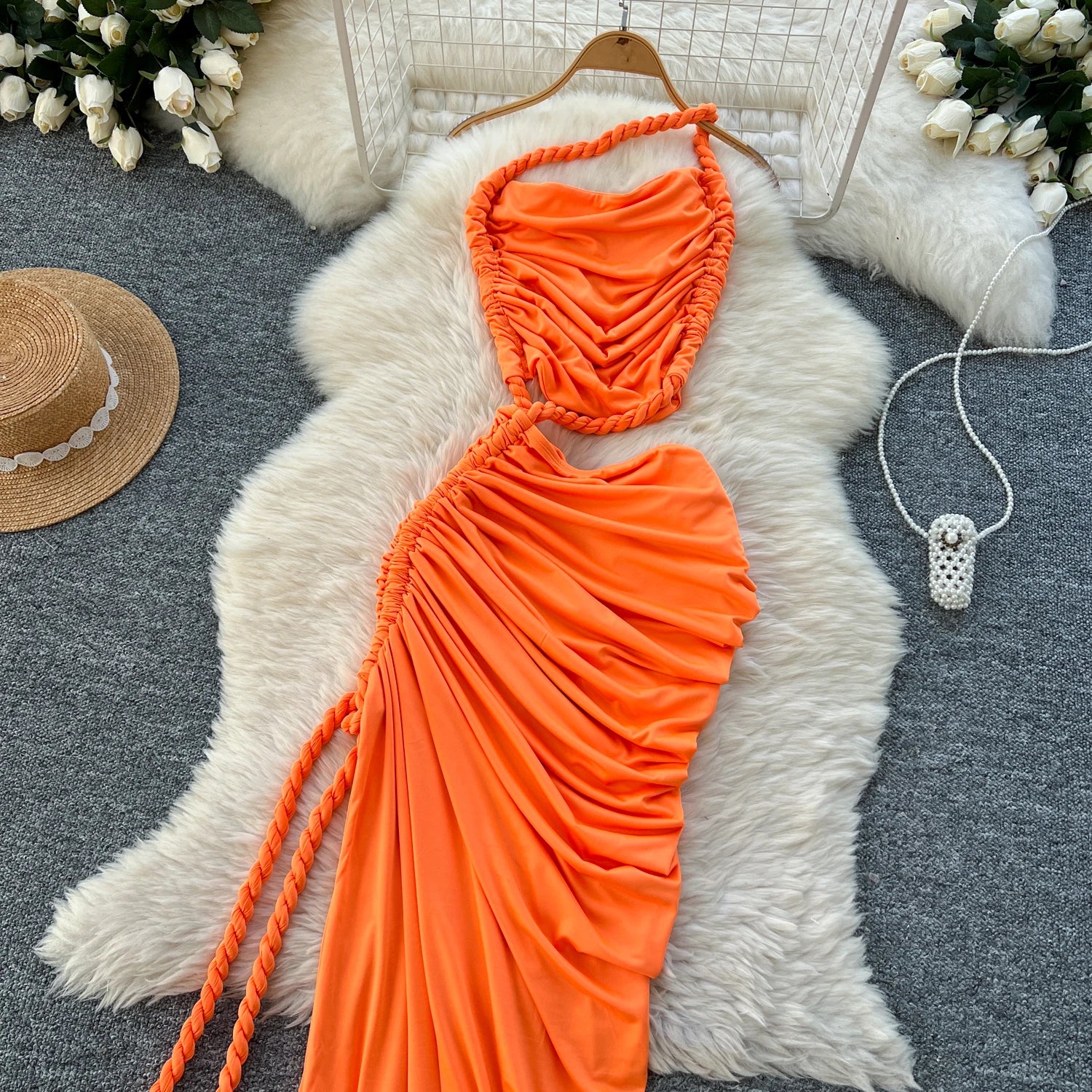 Hollow Out Split Ruched Solid Maxi Sundress