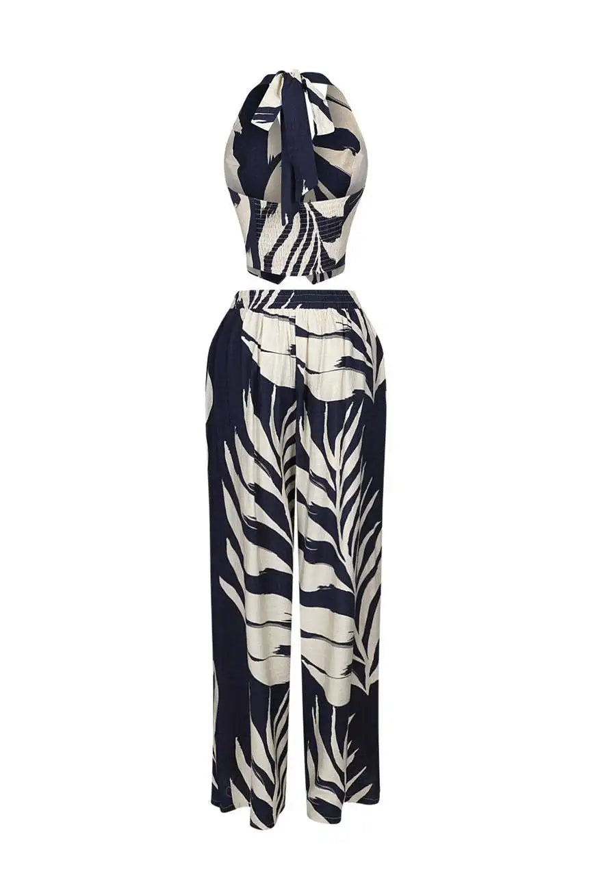 Beach Leaf Printed Halter Sleeveless Crop Shirt Tank and Wide Leg Pants TwoPiece Sets