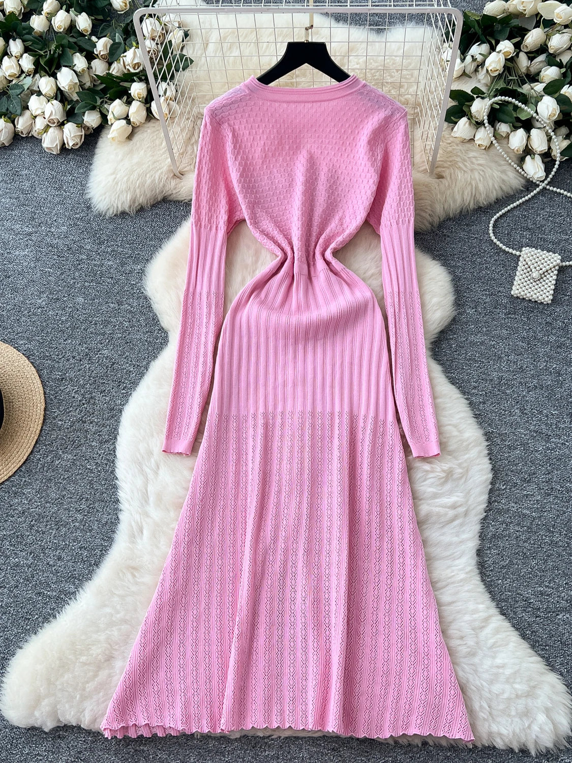 High-Waisted Knitted Long Autumn Hollow out Dress